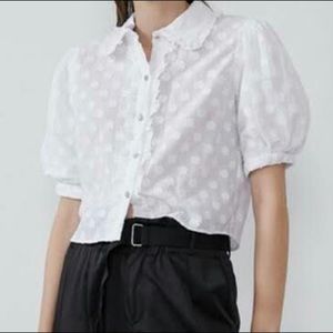 Zara White Floral Puffed Sleeves Top with Gem Buttons
